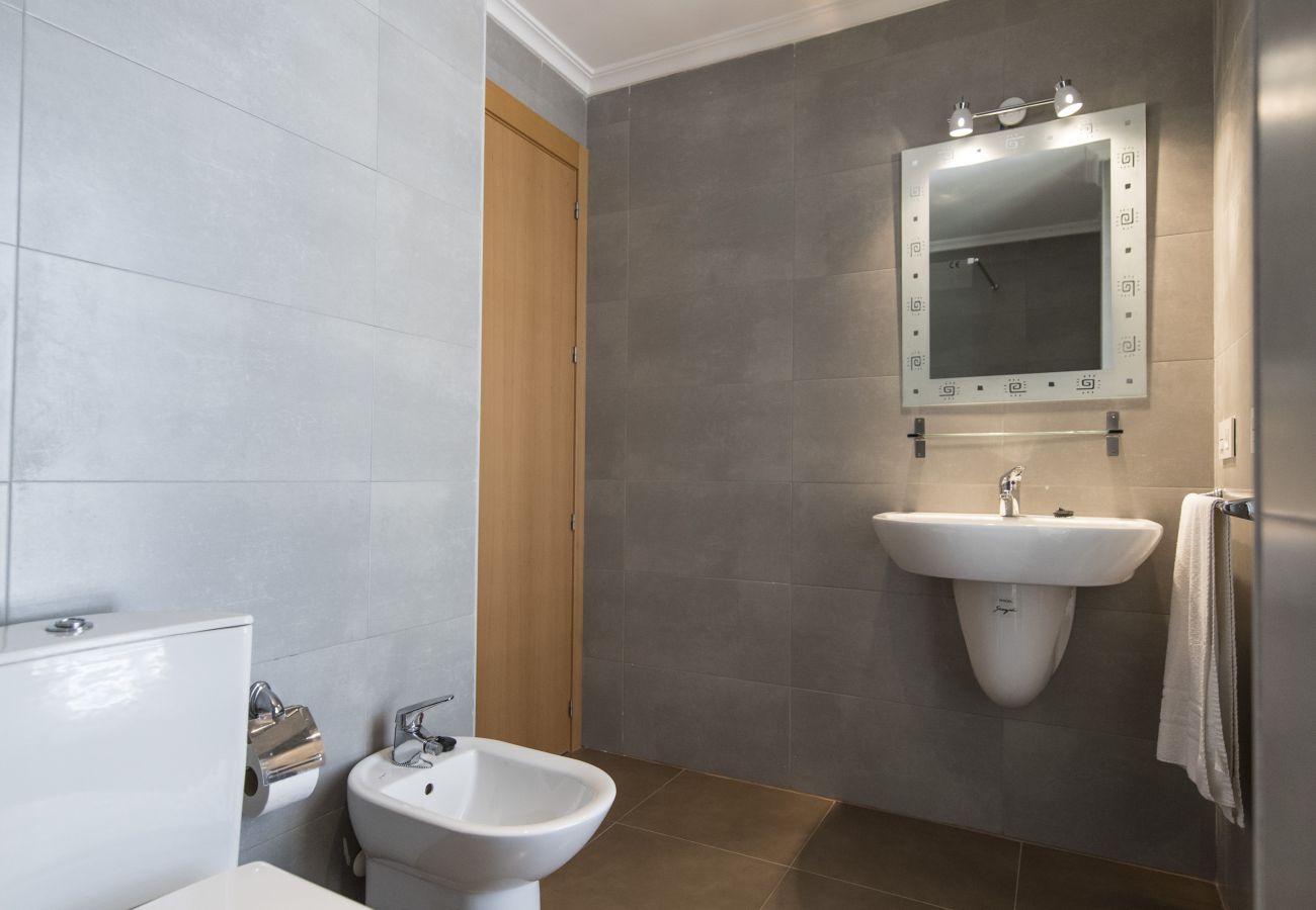 El baño con ducha El baño tiene una ducha y un lavabo y las toallas son incluidas en el apartamento.