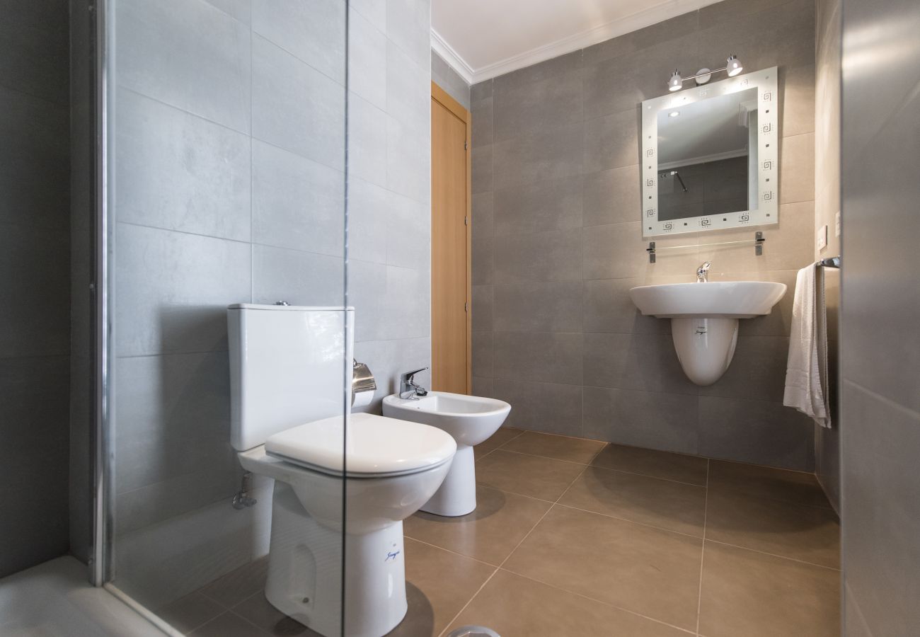 El baño con ducha El baño tiene una ducha y un lavabo y las toallas son incluidas en el apartamento.
